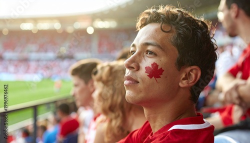 Serious Canada Soccer Fan Watching in Stadium Crowd