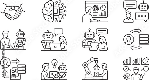 Artificial Intelligence Communication Line Icons Set, Chatbot, Automation, Customer Support and Digital Interaction Vector Collection