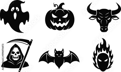 "Collection of spooky Halloween silhouettes featuring ghost, jack‑o’‑lantern pumpkin, grim reaper, bat, bull skull, and flaming skull artwork"Mobile