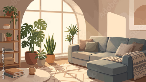 Inviting and Sunlit Modern Living Room Interior with Cozy Sofa, Lush Houseplants, and Warm Natural Light for Relaxed Home Living