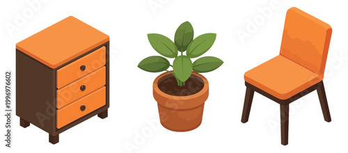 Isometric furniture and plant set featuring a bedside table, a houseplant, and a chair for interior design and home decor