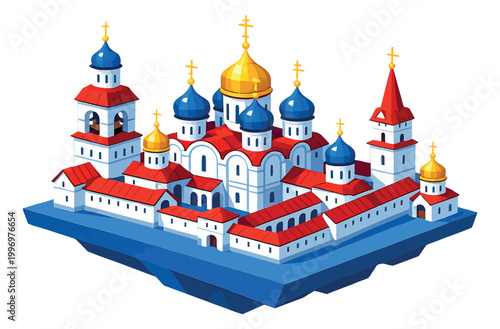 Isometric illustration of a Russian Orthodox monastery depicting traditional architecture for travel and cultural heritage
