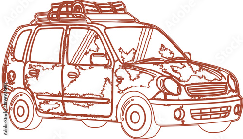 Damaged car with rust patches on exterior.