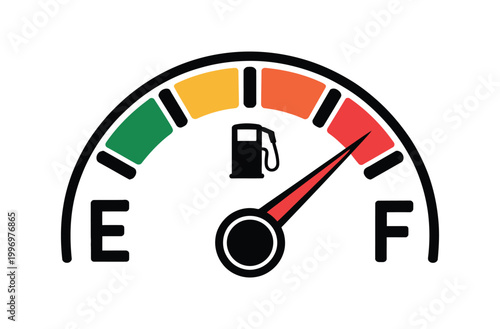 Fuel gauge icon showing low gasoline level with red needle