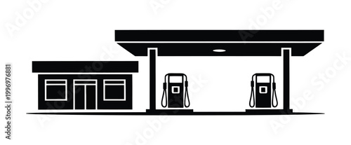 Gas station silhouette illustration with pumps and building in black