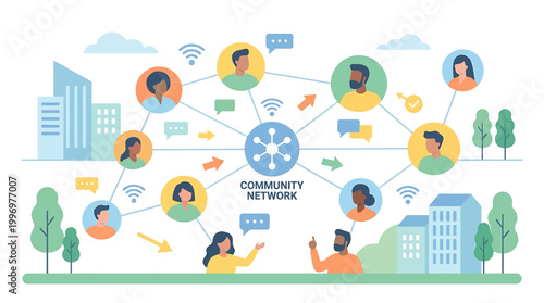 Vibrant community network illustration connecting diverse people and social groups globally, fostering communication and interaction within an urban environment