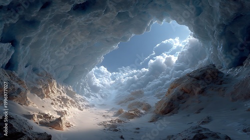 Surreal transparent ice cave passage with blue ambient light images