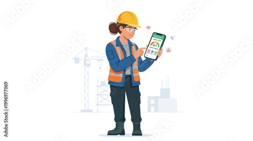 Construction Worker Woman Using Mobile App for Health Monitoring and Fatigue Analysis on a Busy Industrial Site with Cranes and Buildings