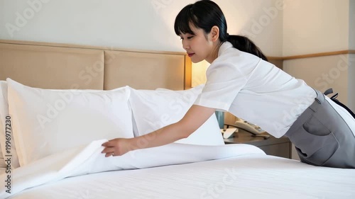 ホテルでベットメイキングをしている女性