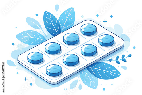 Isometric line art illustration of a pill blister pack depicting medicine and health for medical concepts