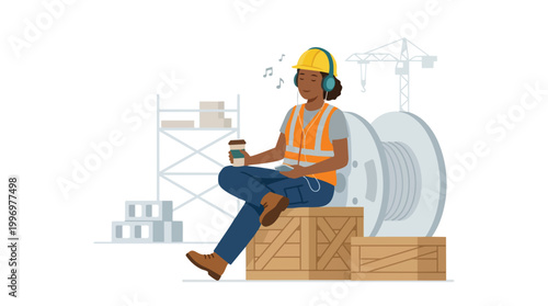 Construction worker taking a break listening to music and drinking coffee on a job site with building materials and cranes in the background