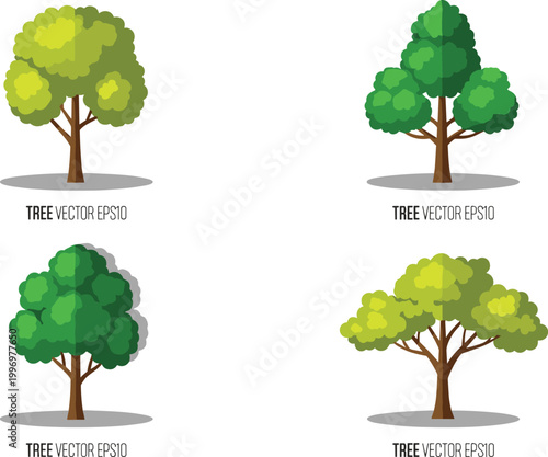 Cartoon green trees set with different shapes and foliage styles illustrating nature elements, forest design, landscaping icons, and decorative vector illustration