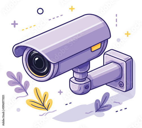 Isometric line art illustration of a security camera depicting surveillance for protection
