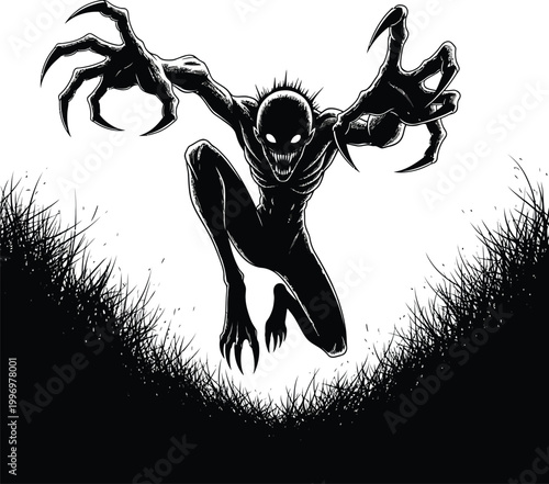 Black and white of a monstrous creature with sharp claws emerging from dark grass monster