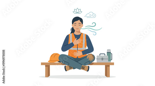 Construction worker woman meditating and breathing deeply on a bench during a break, symbolizing mental wellness and stress relief in the industry