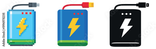 Digital power bank icon set featuring a lightning bolt symbol and usb cables for charging electronic devices