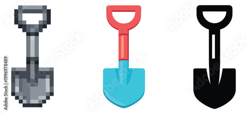 Diverse digital shovel set featuring pixel art, flat design, and solid icon styles for construction and gardening concepts