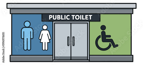 Flat line art illustration of a public toilet entrance depicting men, women, and disabled access symbols for public amenities