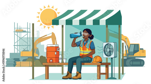 Construction worker taking a break and drinking water under a shaded canopy on a hot sunny day at a busy industrial site with excavators and scaffolding