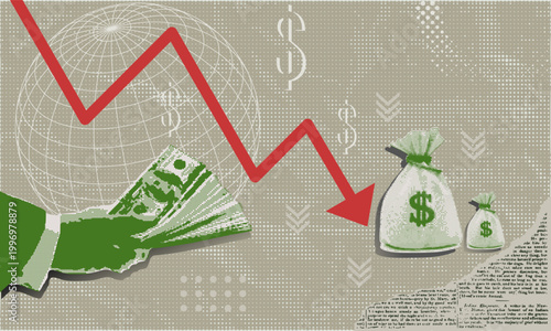 Global financial crisis concept with falling red arrow, market crash and economic recession, halftone business vector illustration symbolizing widespread economic struggle and recession.