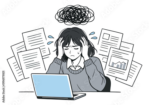 Hand drawn line art illustration of a woman depicting feeling overwhelmed by work for concepts of stress and workload