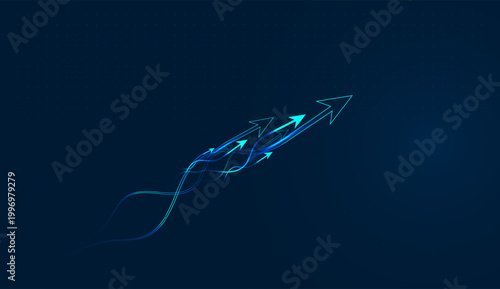 Multiple digital arrows move with precision and speed, signaling a resilient economic rise and future success. and Radiant blue arrows snake through the grid in unison
