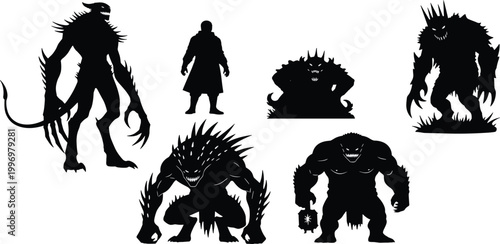 A creative vector illustration featuring black silhouettes of women and nature elements like a horse, bird, and ghost in a tattoo style art design for a Halloween monster theme