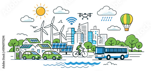 Line art illustration of an eco-friendly city depicting sustainable urban living for environmental concepts
