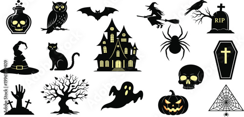 Spooky Halloween vector icon set featuring a cartoon pumpkin, bat, ghost, and witch hat silhouette elements for autumn holiday night design