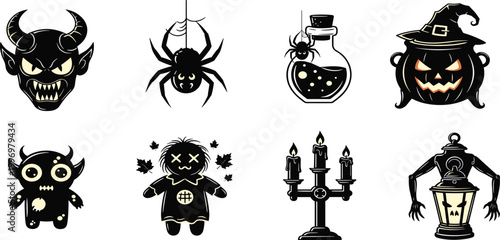 Vector set of tribal tattoo decorative elements featuring black silhouette animal and insect illustrations like spiders with nature flower ornaments for art design
