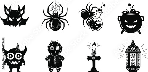 Set of black and white vector icons featuring floral patterns, tribal animal silhouettes, and nature elements like spiders and wings for tattoo art and decorative design