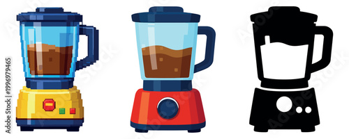 Assorted blender icon set featuring pixel art, flat design, and silhouette styles filled with brown liquid for cooking and nutrition designs
