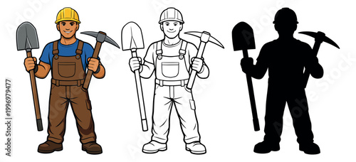 Cartoon style worker character set featuring a smiling man holding a shovel and pickaxe for construction and industry
