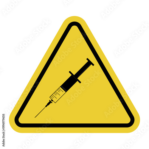 Vaccination station. Vaccinations and medical procedures. Medical zone. Yellow warning triangle sign.