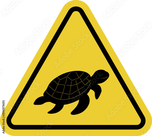 Turtle. Turtle spawning areas. Yellow warning triangle sign.