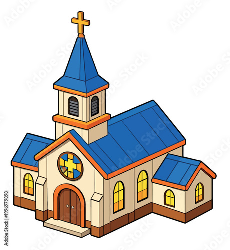Cartoon isometric illustration of a church depicting a place of worship for religious events