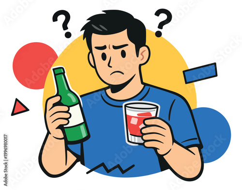 Hand drawn line art illustration of a man depicting indecision about drinking alcohol for lifestyle choices