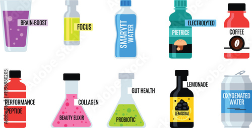 Health Supplement Drink Vector Set Featuring Electrolyte Water, Protein, Coffee, Focus, Brain Boost, and Vitamin Infusions for Wellness and Performance Illustrations
