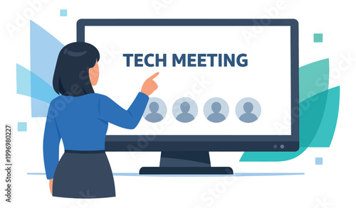 Flat design illustration of a businesswoman depicting a tech meeting presentation for corporate online collaboration