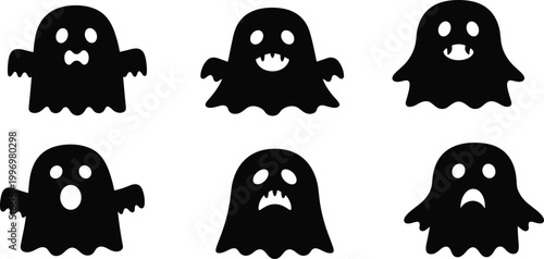 A diverse set of black vector silhouettes featuring women and people characters with various face emotions like a sad ghost or a smiling skull for a cartoon Halloween mask illustration icon design
