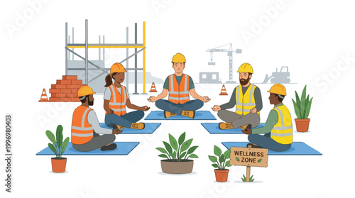Construction workers in hard hats and safety vests practicing yoga and meditation on a building site promoting wellness and stress relief