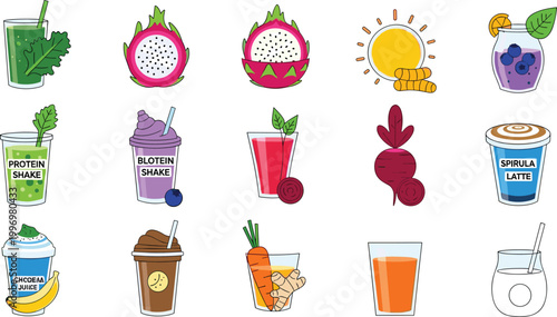 Healthy Drink Vector Set Featuring Protein Shakes, Smoothies, Fresh Juices, and Detox Beverages for Fitness and Wellness Illustrations