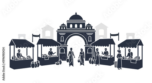 Street vendors selling food outside landmark.