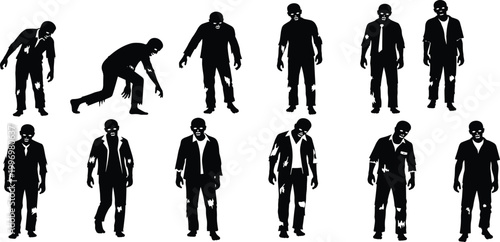 A collection of black vector silhouettes featuring a diverse group of business people, men, and women in suits walking and posing as a professional team