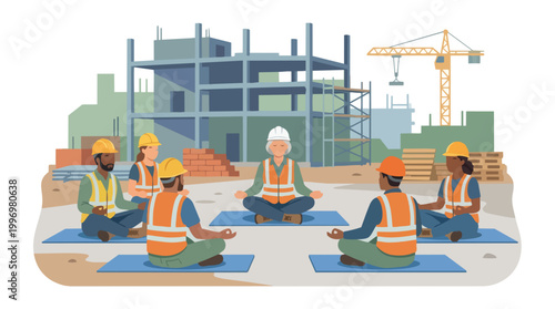 Diverse construction workers in hard hats and safety vests meditating together on a construction site, promoting mental wellness and stress relief in the industry