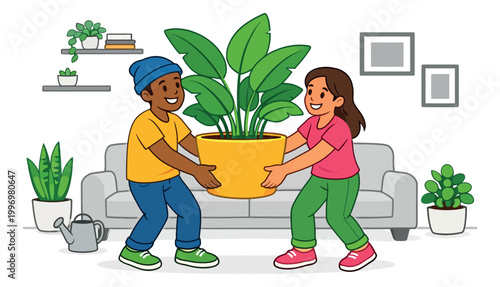 Hand drawn illustration of a boy and girl depicting carrying a large houseplant for home decoration