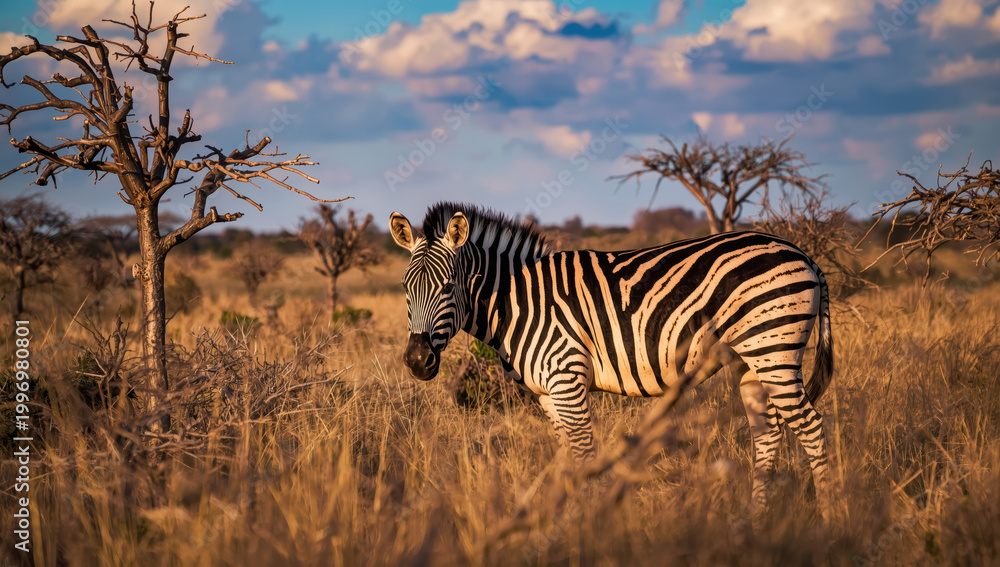 Fototapeta premium Zebra standing in golden savanna grass with acacia trees under dramatic sky