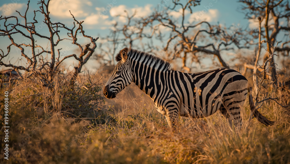 Fototapeta premium Zebra standing in golden grassland with bare acacia trees and warm sunset light