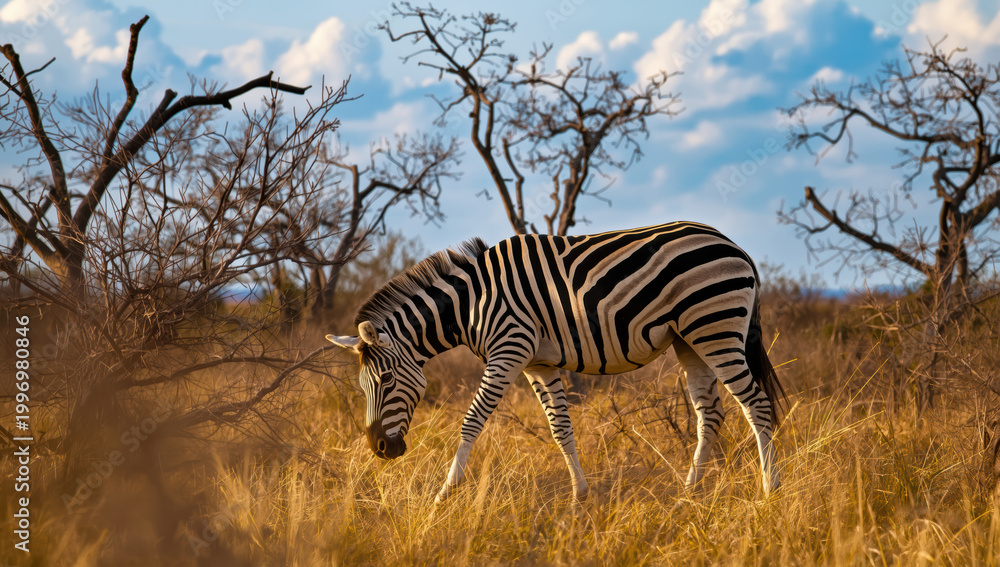 Fototapeta premium Zebra grazing in golden savanna grass with leafless trees and blue sky, peaceful wildlife scene