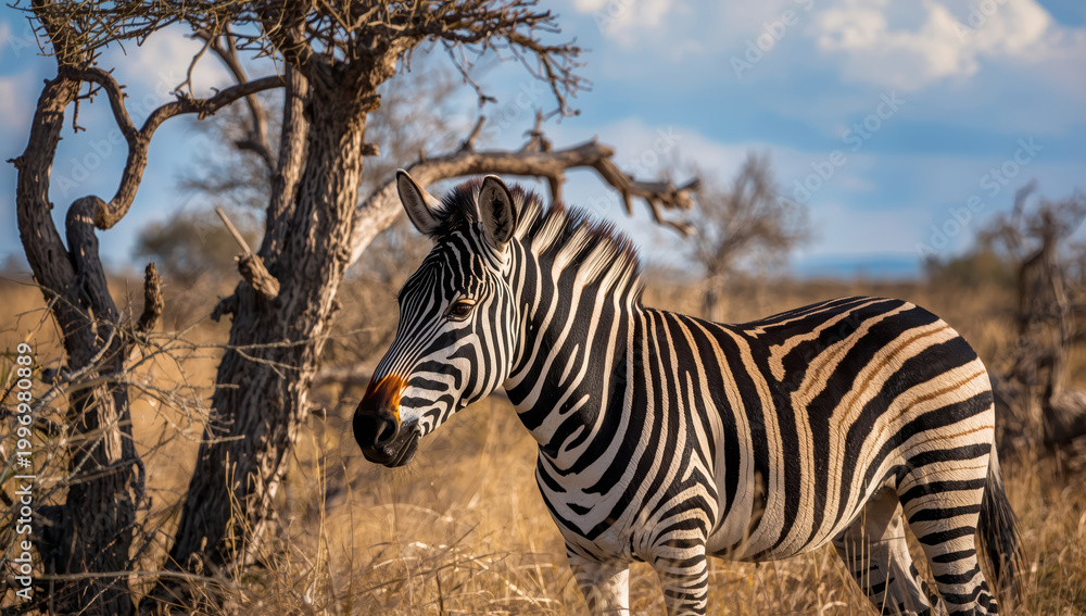 Fototapeta premium Zebra standing beside dry acacia tree in golden savanna at warm evening light